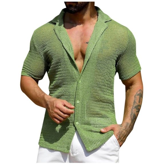 Mens Button Down Shirts Casual Collared Short Sleeve Tees Vocation Beach Knit T-Shirts, 2XL