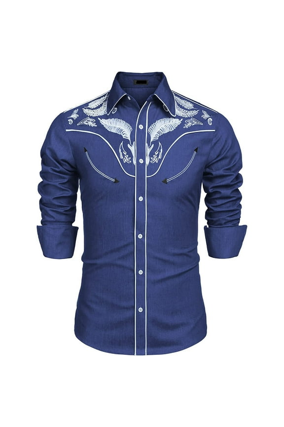 Mens Button Down Shirts Casual Fashion Western Style Print Loose Long Sleeved T Shirts for Man Blue XXL