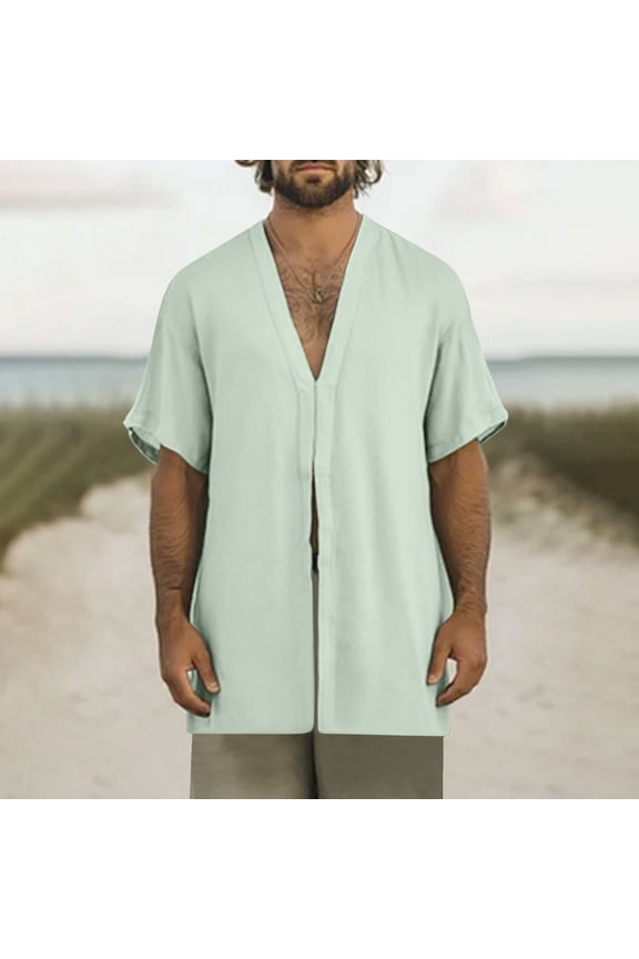 Mens Button Down Shirts Casual Linen Short Sleeve Shirt Summer Henley V Neck Basic Tops Loose Lightweight Breathable Streetwear