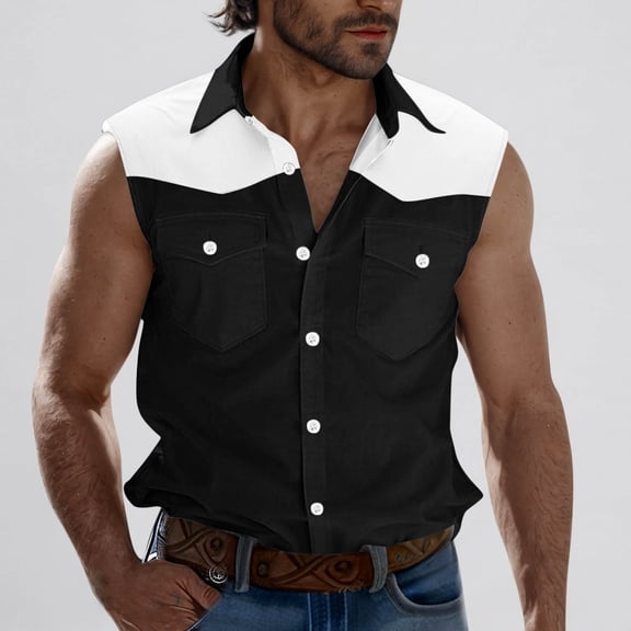 Mens Button Down Shirts Casual Sleeveless Vests Color Blocked Collared Lapel Blouse with Pockets