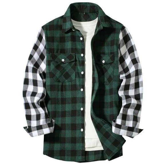 Mens Button Down Shirts Contrast Color Block Long Sleeve Plaid Flannel Shirt with Pockets Green 2XL