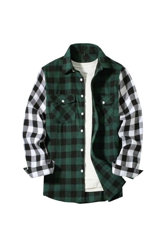 Mens Button Down Shirts Contrast Color Block Long Sleeve Plaid Flannel Shirt with Pockets Green 2XL