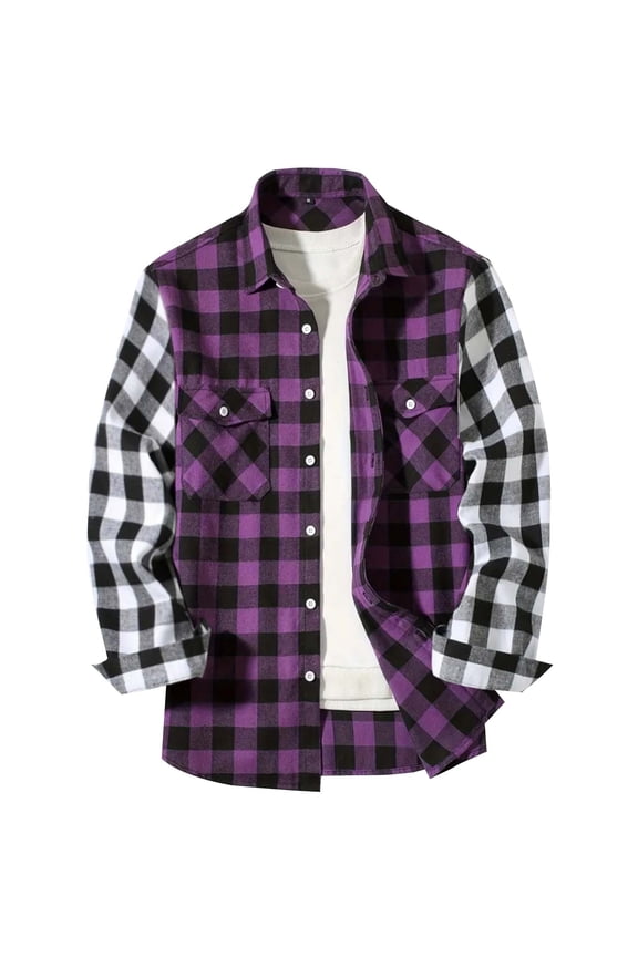 Mens Button Down Shirts Contrast Color Block Long Sleeve Plaid Flannel Shirt with Pockets Purple 2XL