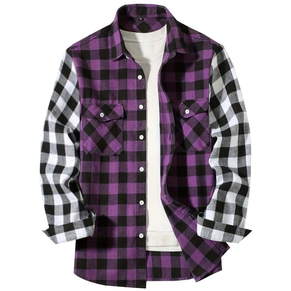 Mens Button Down Shirts Contrast Color Block Long Sleeve Plaid Flannel Shirt with Pockets Purple S