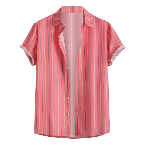Mens Button Down Shirts Fashion Casual Loose Lapel Striped Short Sleeve Up Sand Beach Summer T Shirts for Men Pink S