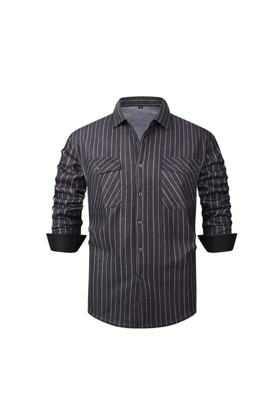 Mens Button Down Shirts Fleece Lined Warm Shacket Jackets Lapel Collar Striped Fashion Casual Outerwear (2XL, Dark Gray)