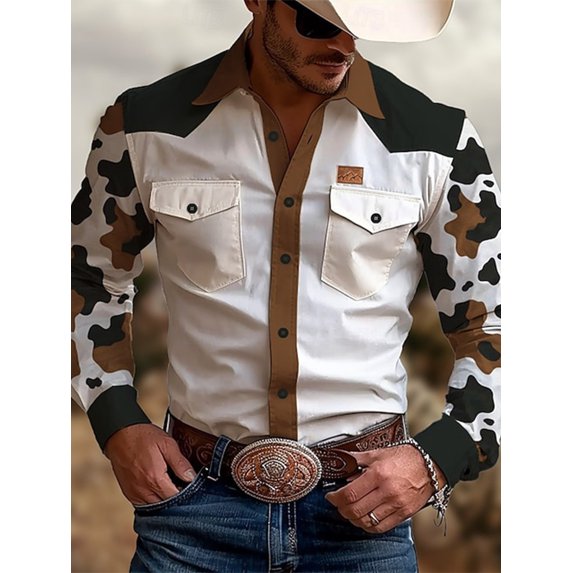 Mens Button Down Shirts Long Sleeve Camouflage Western Shirts Coat Casual Shirt with Pocket M-3XL Brown XXL