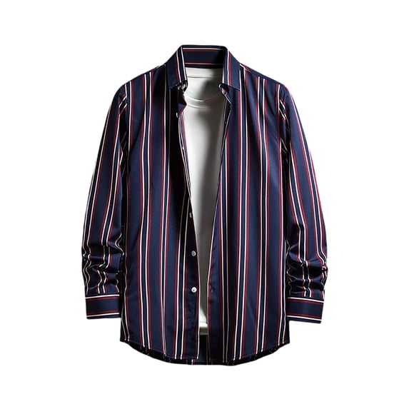 Mens Button Down Shirts Loose Fit Stripe Print Long Sleeve Spring Shirt Lightweight Casual Turn Down Collar Top Navy M