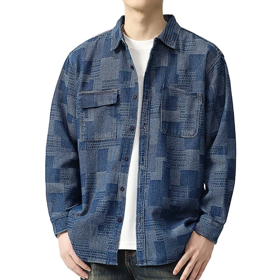 Mens Button Down Shirts Plaid Jacquard Denim Long Sleeve Spring Shirt Lightweight Casual Turn Down Collar Top Blue M