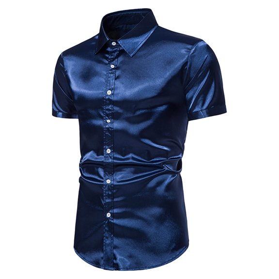 Mens Button-Down Shirts Short Sleeve Collared Slim-Fit T-Shirts Trendy Shiny Solid Color Lightweight Nightclub Party Tshirts Shirt