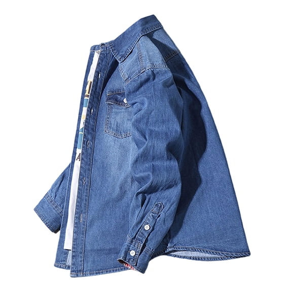 Mens Button Down Shirts Solid Color Slim Fit Denim Long Sleeve Spring Shirt Lightweight Casual Turn Down Collar Top Blue XXL