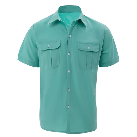 Mens Button Down Short Sleeve Cargo Shirt with Flap Pockets Casual Summer Lapel Collared Outdoor Work Shirts for Men Mint Green L