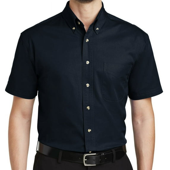Mens Button-Down Short Sleeve Cotton Twill Shirt, 4XL Classic Navy Blue