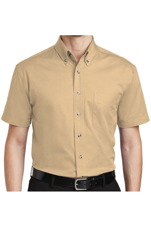 Mens Button-Down Short Sleeve Cotton Twill Shirt, Large Stone