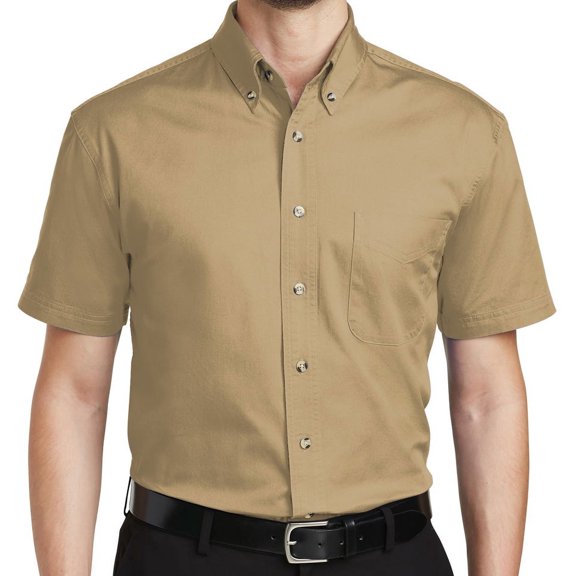 Mens Button-Down Short Sleeve Cotton Twill Shirt, XL Khaki