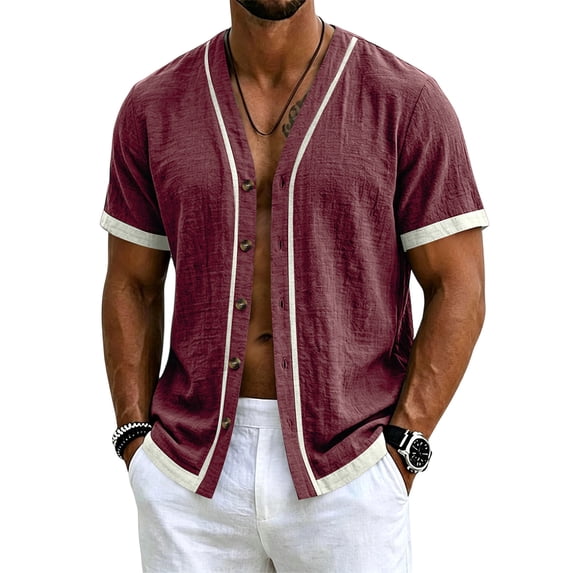 Mens Button Down Short Sleeve Shirt Baseball Jersey Style Hawaiian Beach Vacation Wedding Shirts, S