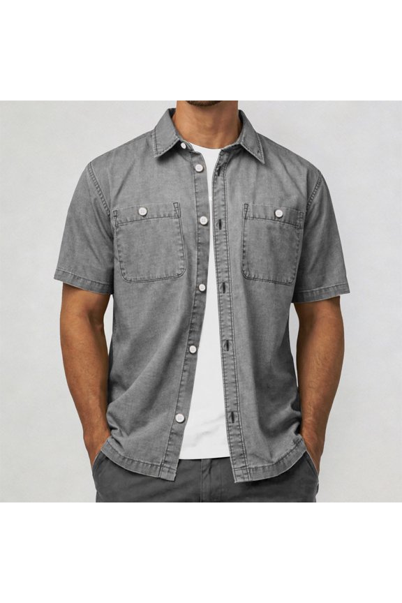 Mens Button Down Short Sleeve Shirt Casual Regular Fit Soft Shirts Loose Solid Color Summer Daily Wear Grey Size L