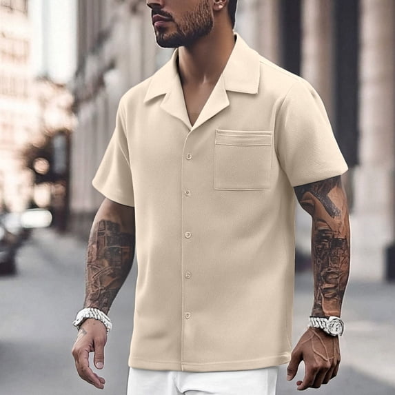 Mens Button Down Short Sleeve Shirt Casual Relaxed Fit Stretch Shirts Loose Comfortable Summer Daily Wear Khaki Size S