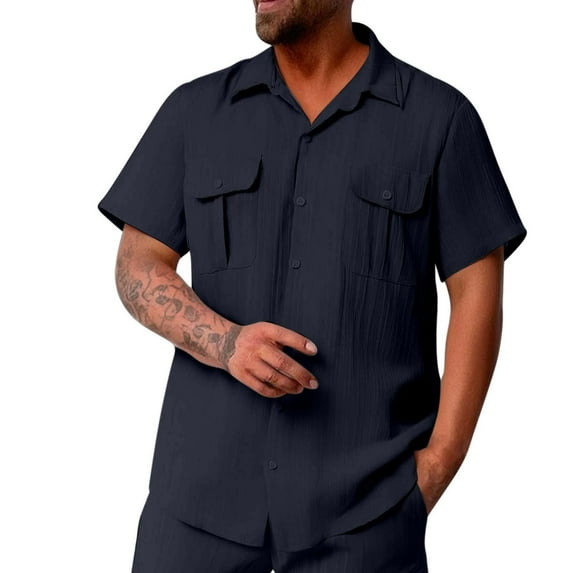 Mens Button Down Short Sleeve Shirt Qiggri Men's Solid Color Buttons Outdoors Breathable Short Sleeve Turndown Collar Blouse Mens Casual Shirts