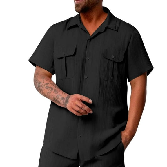 Mens Button Down Short Sleeve Shirt Qiggri Men's Solid Color Buttons Outdoors Breathable Short Sleeve Turndown Collar Blouse Mens Casual Shirts