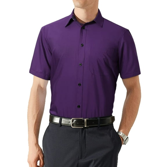 Mens Button Down Short Sleeve Shirts Formal Dress Shirts Business Pocket Casual Shirt Purple