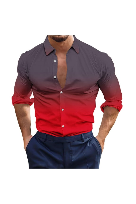 Mens Button Down T-Shirt, Long Sleeve Shirts for Men Fall Fashion Loose Fit Ombre Tie Dye Lapel Dressy Blouses M-3XL