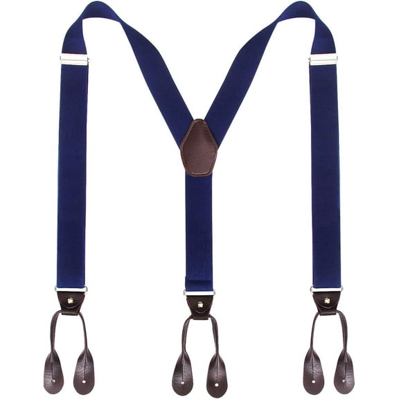 Mens Button End Suspenders Braces - 1.37 Inches Wide Y Shape Adjustable Button End Elastic Suspender
