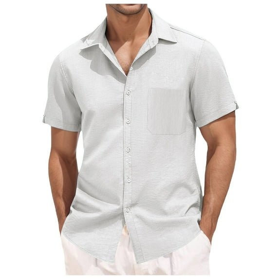 Mens Button Down Shirt Long Neck Floral Sleeve Fitted T Shirts Men Formal Dress Beach Shirt Microfiber Tee Shirts for Men V Neck T Men's Summer Tee Button Crotch Men's Short Sleeve Summer White L