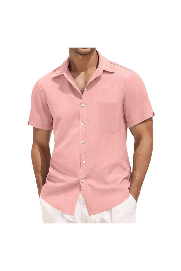 Mens Button Down Shirt Long Neck Floral Sleeve Fitted T Shirts Men Formal Dress Beach Shirt Microfiber Tee Shirts for Men V Neck T Men's Summer Tee Button Crotch Men's Short Sleeve Summer Pink S