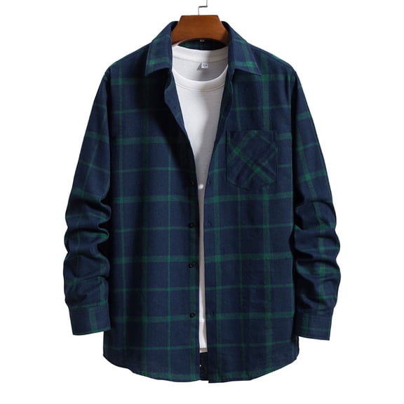 Mens Button Down Shirt Long Sleeve Casual Fashion Cardigan Collar Regular Fit Flannel Shirt Comfor Lightweight Fall Plaid Classic Basic Tops With Pocket Dark Blue M