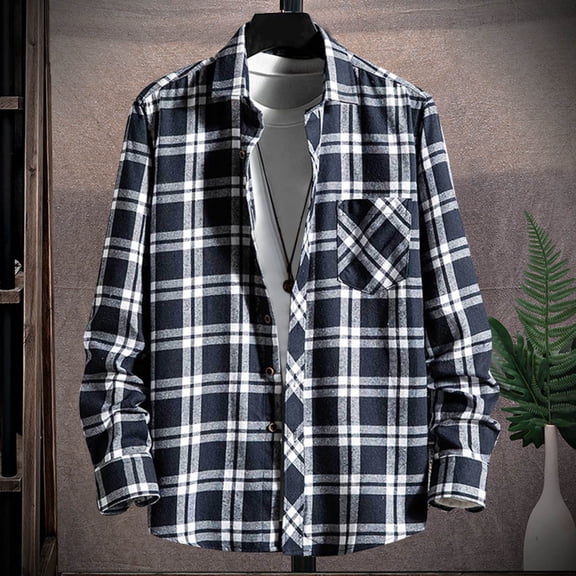 Mens Button Down Shirt Long Sleeve Casual Fashion Collar Regular Fit Flannel Shirt Versatile Lightweight Fall Plaid Classic Basic Tops With Pocket Navy 39