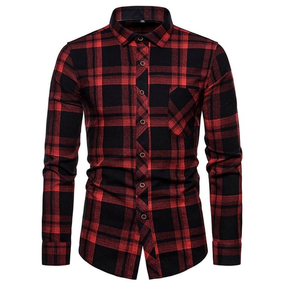Mens Button Down Shirt Long Sleeve Casual Fashion Regular Fit Collar Flannel Shirt Comfor Lightweight Fall Plaid Classic Basic Tops With Pocket Red 41