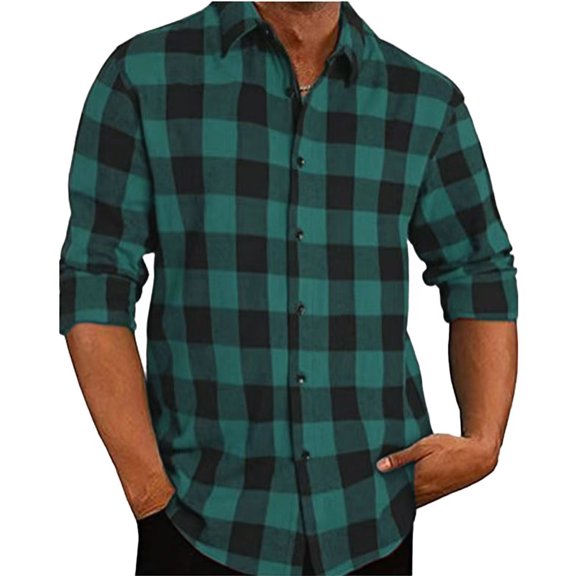 Mens Button Down Shirt Long Sleeve Fashion Casual Collar Regular Fit Flannel Shirt Comfortable Lightweight Spring Plaid Classic Basic Blouse With Pocket Green XXXL
