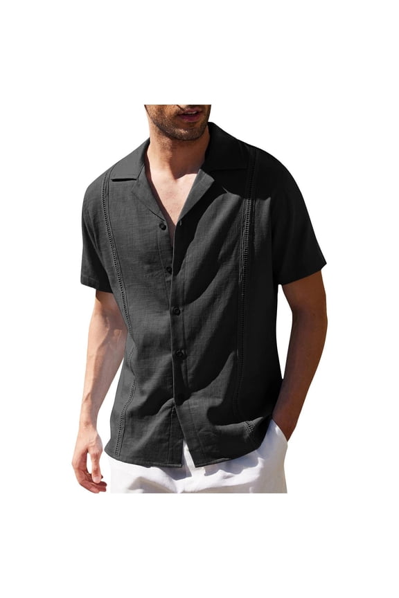 Mens Button Down Shirt Young Mens Shirts Short Sleeve T Shirts for Men N T Shirt down Button Crotch Plain Men with Pockets Long Neck Printed Tee Male Summer Casual Top Embroidery Edge Solid Black 2XL
