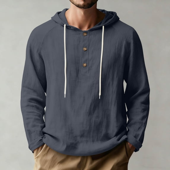 Mens Button up Shirts Long Sleeve Men's Cotton Linen Shirts Long Sleeve Half Button Drawstring Hooded Cardigan Solid Color Summer Casual Beach Vacation Wear Dark Gray L