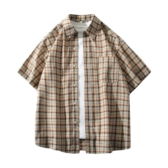 Mens Button Down Shirts Summer Oversized Plaid Shirt Casual Breathable T-Shirts Big & Tall Short Sleeve Tops Relaxed Fit Lightweight Vacation Beach Tee Shirts