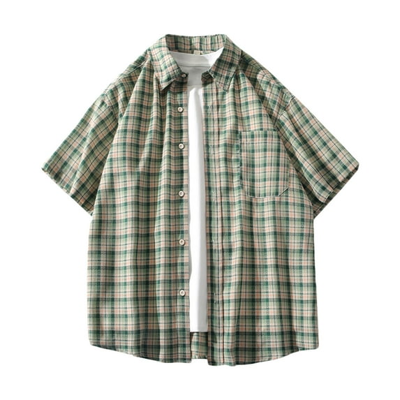 Mens Button Down Shirts Summer Oversized Plaid Shirt Casual Breathable T-Shirts Big & Tall Short Sleeve Tops Relaxed Fit Lightweight Vacation Beach Tee Shirts