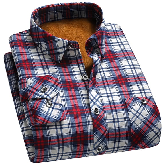 Mens Button Up Flannel Plaid Shirt Long Sleeve Fleece Lining Shacket Jacket Pockets Thick Warm Checkered Winter Tops (XXL, Red E)