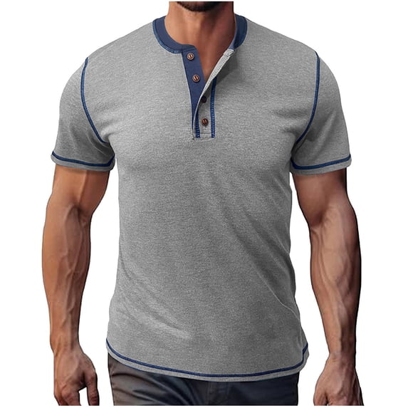 Mens Button Up Henley Shirt, Short Sleeve Shirts for Men Summer Casual Vintage Solid Color Crewneck T-Shirts