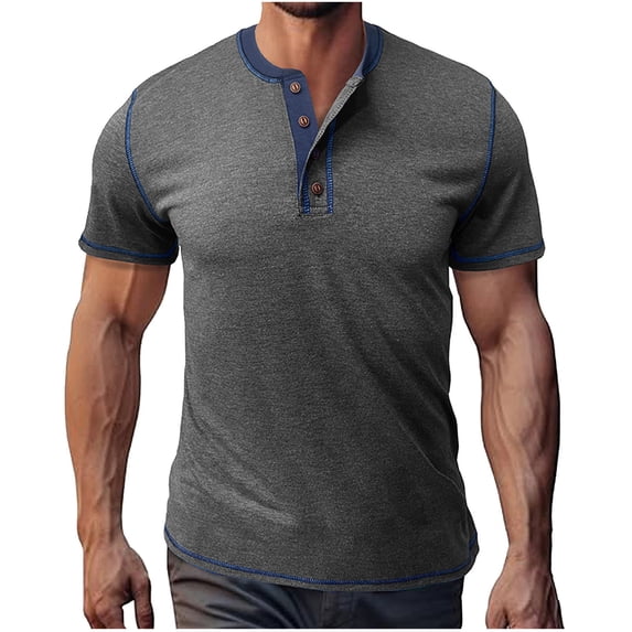 Mens Button Up Henley Shirt, Short Sleeve Shirts for Men Summer Casual Vintage Solid Color Crewneck T-Shirts