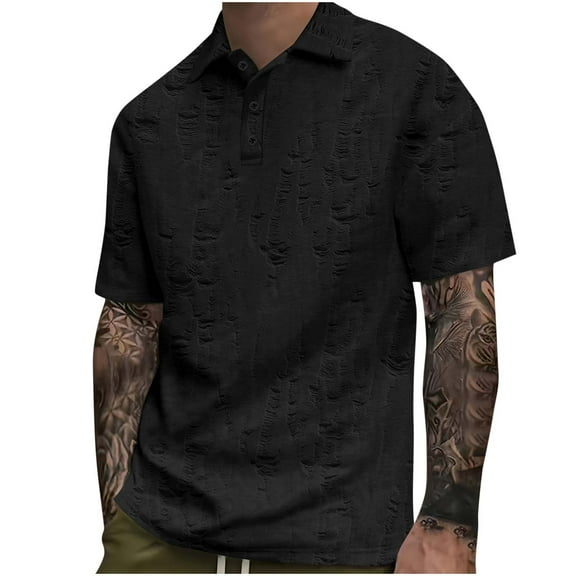 Mens Button Up Lapel T-Shirts, Short Sleeve Shirts for Men Summer Business Casual Vintage Solid Color Shirt Big and Tall Tops