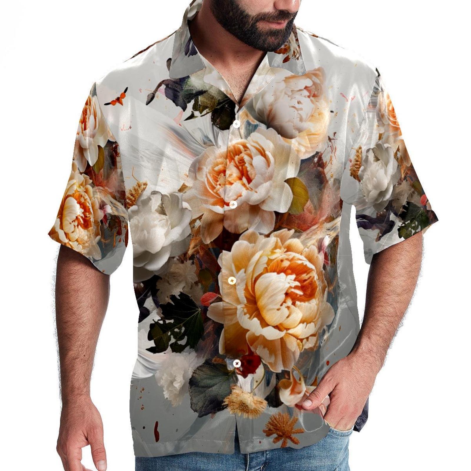 Mens Button Up Shirt Floral Flower Hawaiian Beach Shirt, Short Sleeve ...