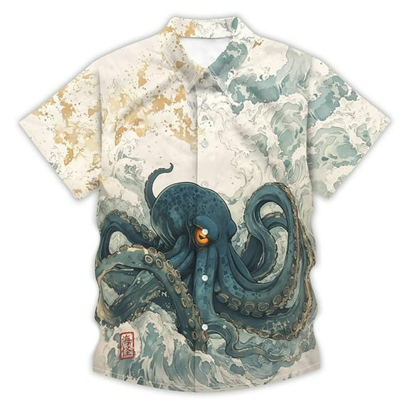 Mens Button Up Shirt Funny Octopus Print Hawaiian Shirt Lightweight Breathable Short Sleeve Turndown Collar Relaxed Fit Shirt for Men Casual