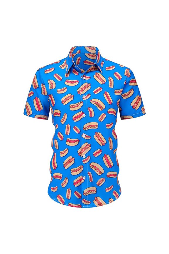 Mens Button Up Shirt Hot Dog Print Short Sleeve Turndown Collar Shirt Thin Classic Fit Casual Mens Shirts
