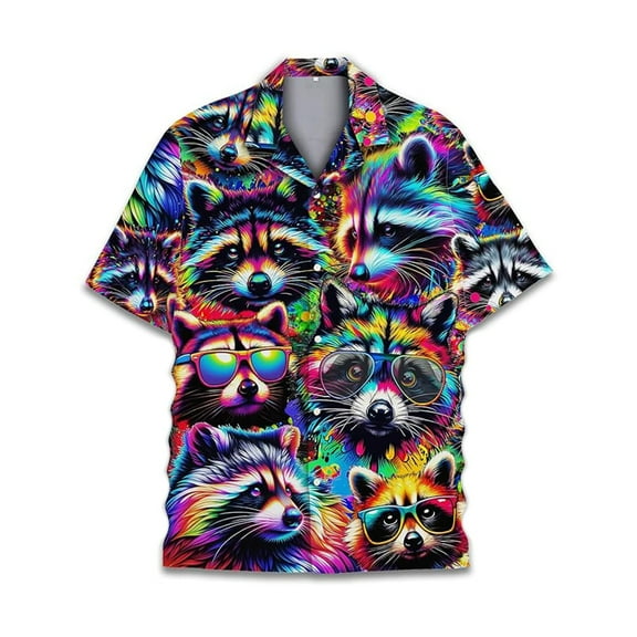 Mens Button Up Shirt Novelty Raccoon Print Turndown Collar Hawaiian Shirt Short Sleeve Lightweight Relaxed Fit Casual Men Shirts Graphic