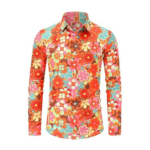 Mens Button Up Shirt Vintage Turndown Collar Long Sleeve Floral Shirt Thin Slim Fit Men Shirts