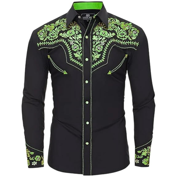 Mens Button Up Shirt Western Pattern Embroidered Turndown Collar Long Sleeve Shirts Slim Fit Casual Lightweight Mens Shirt