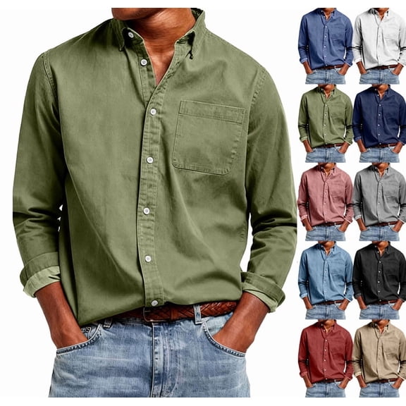 Mens Button Up Shirts Long Seeve Fall Cotton Vintage Lapel V Neck Shirt Business Casual Office Tops Army Green XXL