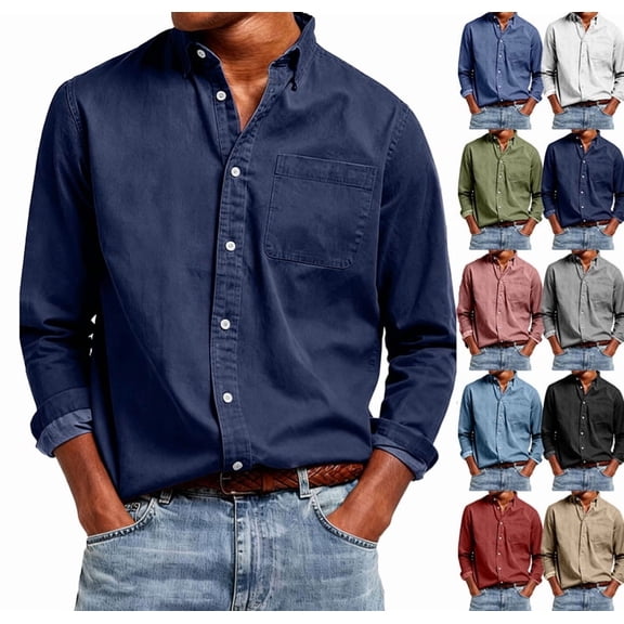 Mens Button Up Shirts Long Seeve Fall Cotton Vintage Lapel V Neck Shirt Business Casual Office Tops Navy 4XL