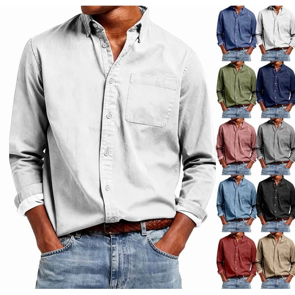 Mens Button Up Shirts Long Seeve Fall Cotton Vintage Lapel V Neck Shirt Business Casual Office Tops White 5XL